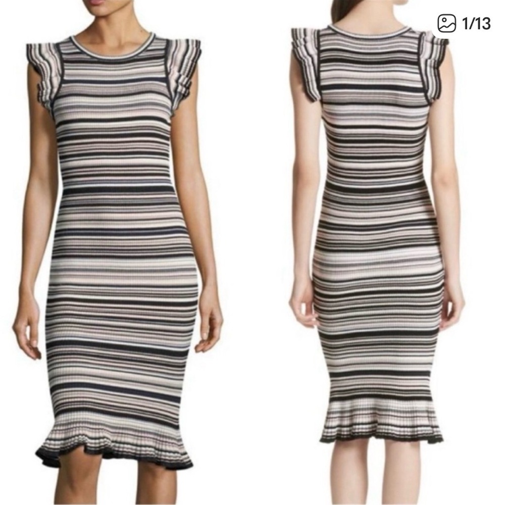 Milly Black Pink White Striped Ribbed Ruffle Hem Midi Dress